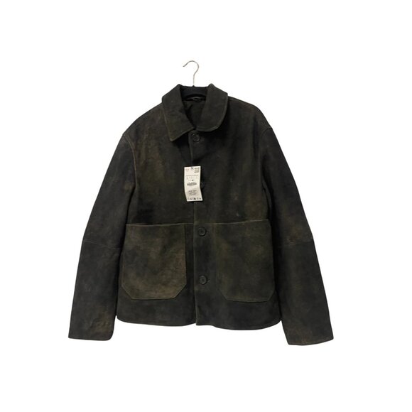 Zara Mens Leather Jacket Coat Large L Dark Olive Green Button Up 4416/500 NWT - Picture 2 of 12